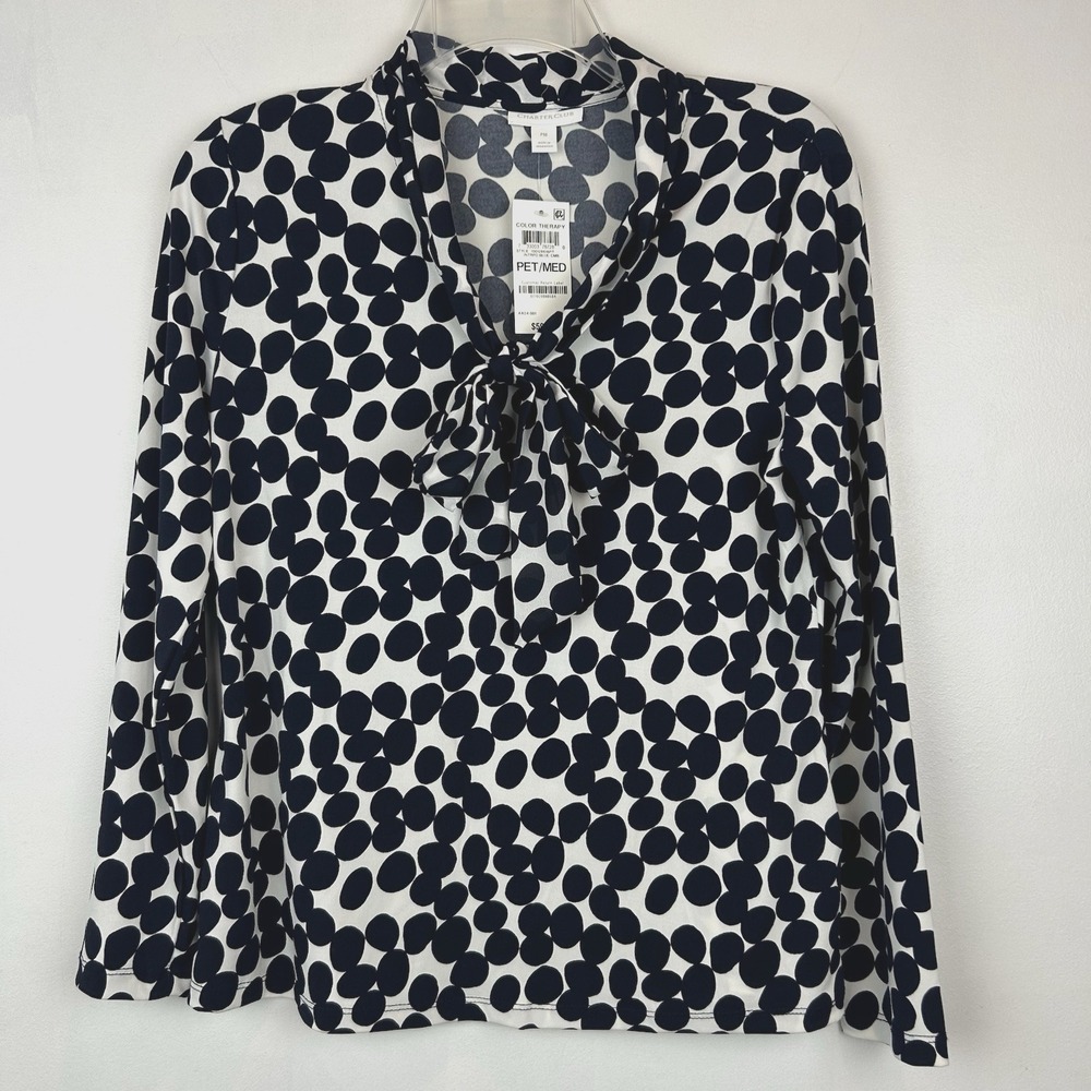 Secretary Top Womens Medium Petite Shirt Black White Bow Office Career Money New